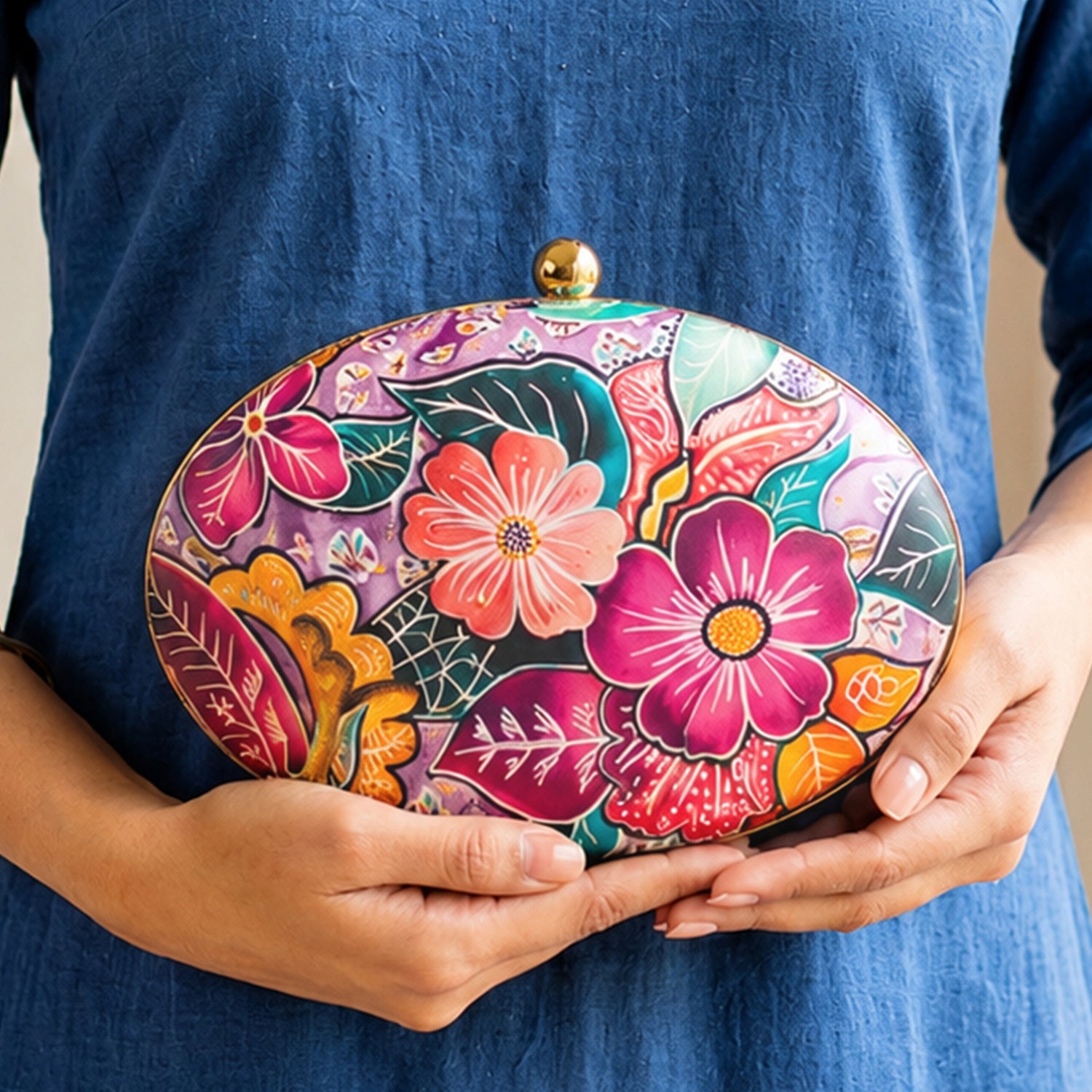 Artklim Multicolor Floral Printed Oval Designer Clutch