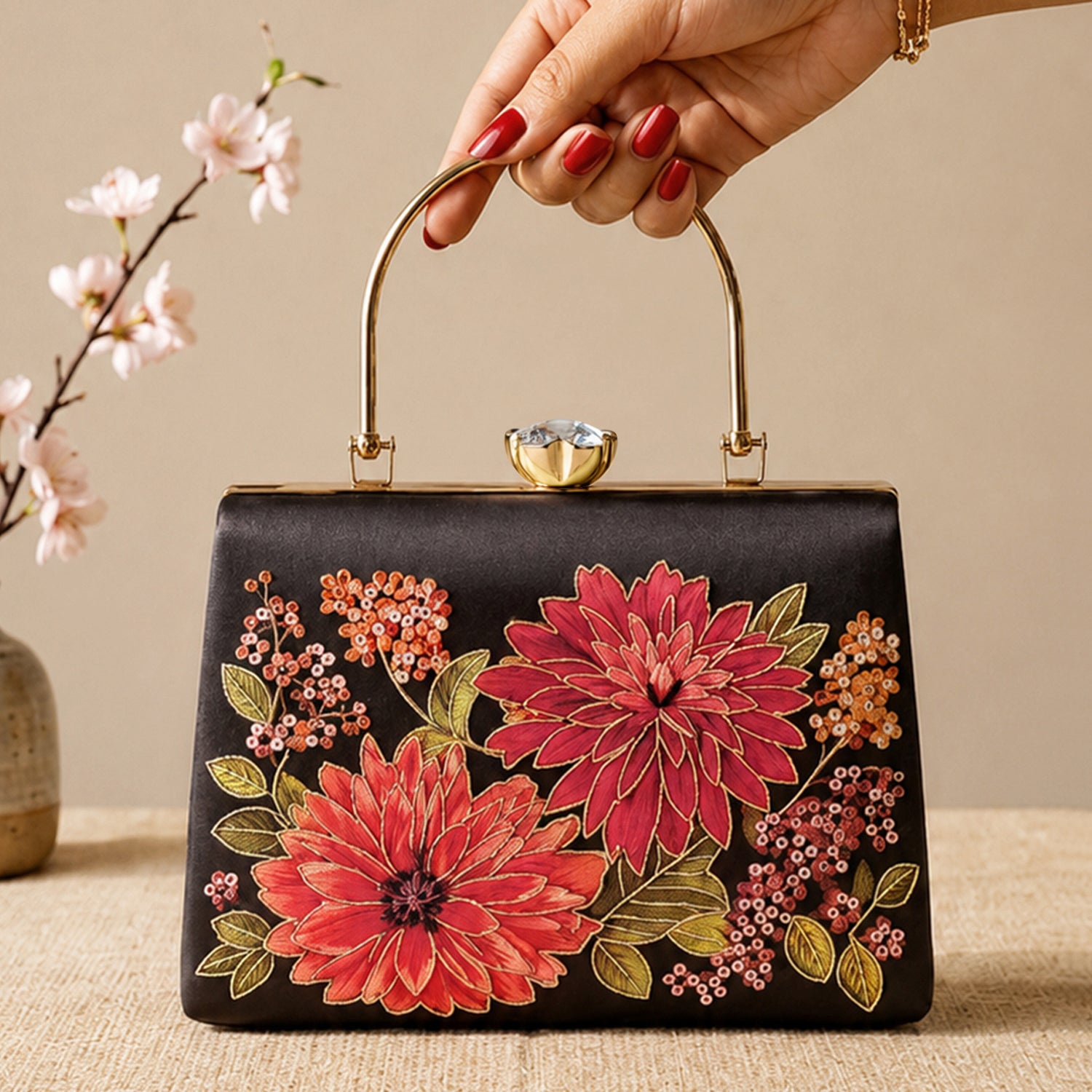 Artklim Printed Midnight Bloom Floral Clutch with Hand Embroidery
