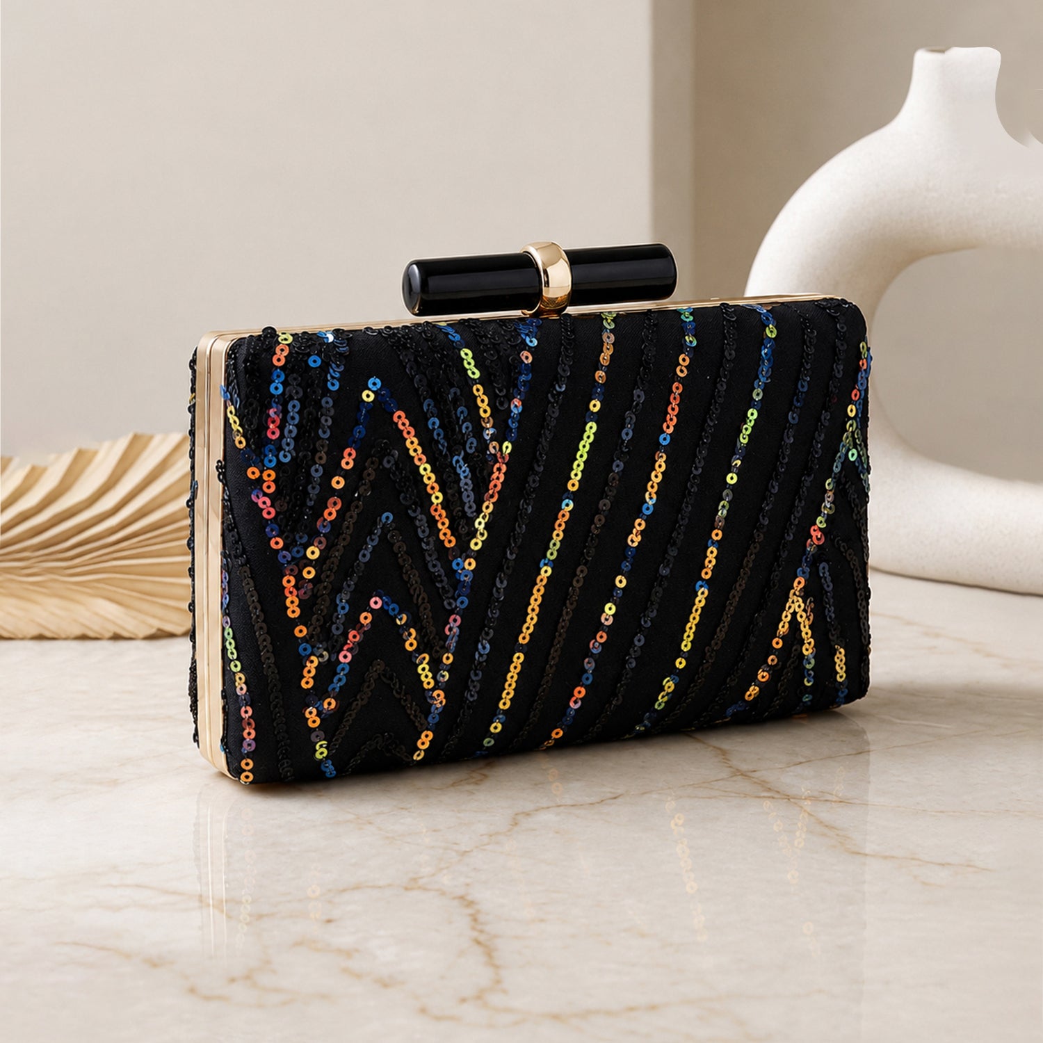 Artklim Black Multicolor Sequin Embroidery Clutch
