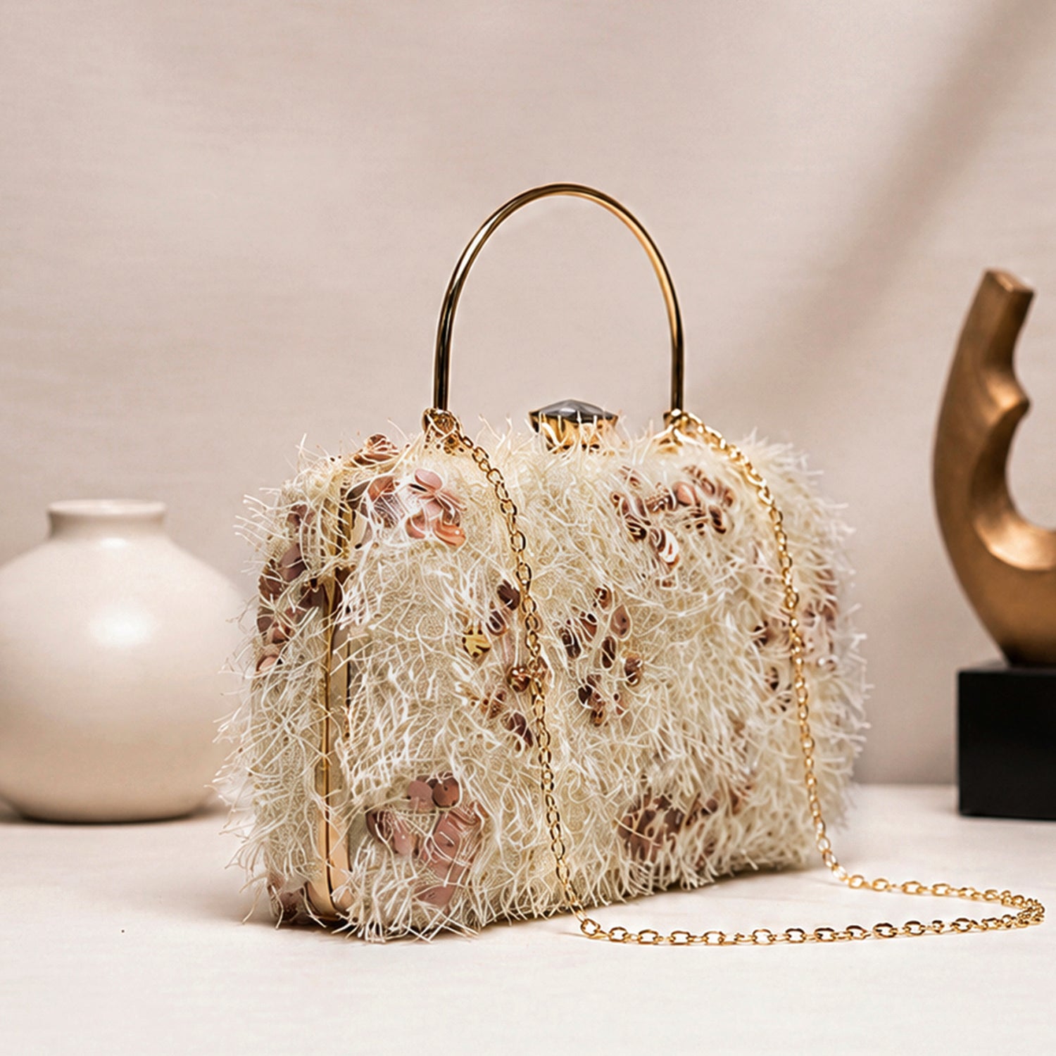 Artklim Ivory Shimmer Sequin Embroidered Clutch Bag