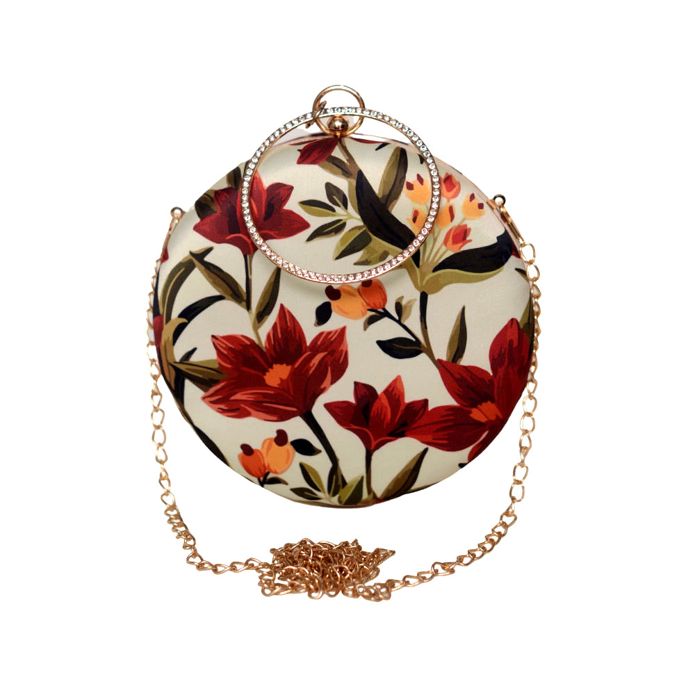 Red Floral Printed Round Clutch