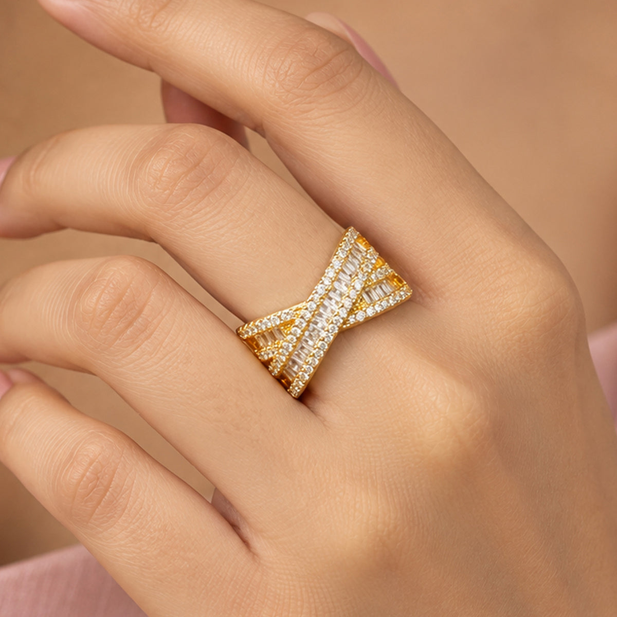 Artklim Elegant Layered Baguette Crystal Gold-Tone Statement Anti-Tarnish Ring