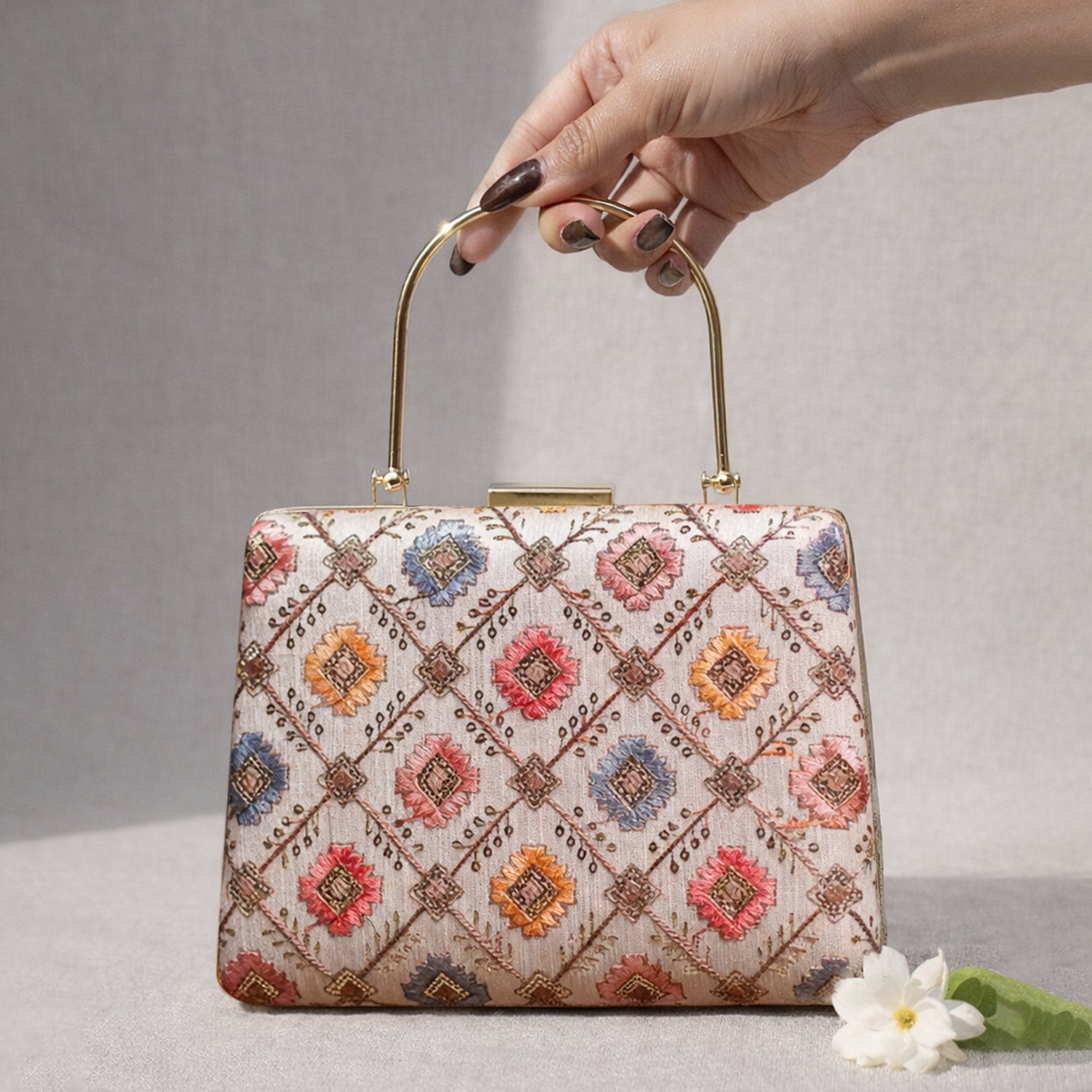 White Sequins Multicolor Embroidery Clutch