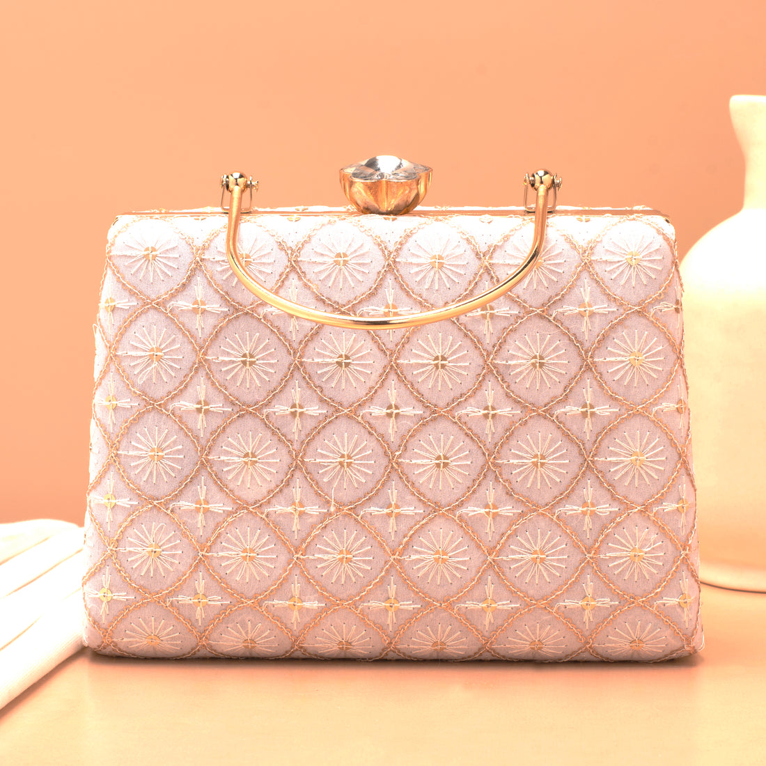 Artklim White Based Threadwork And Sequins Embroidery Clutch