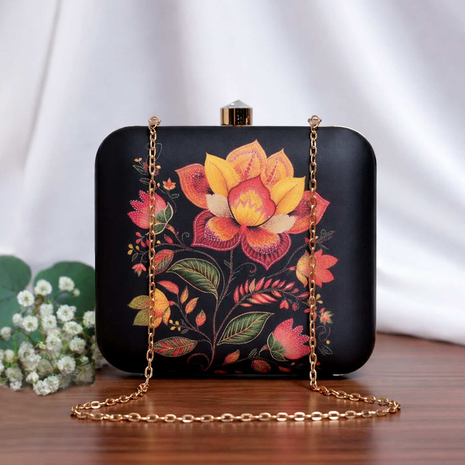 Artklim Black Based Yellow And Red Floral Printed Clutch