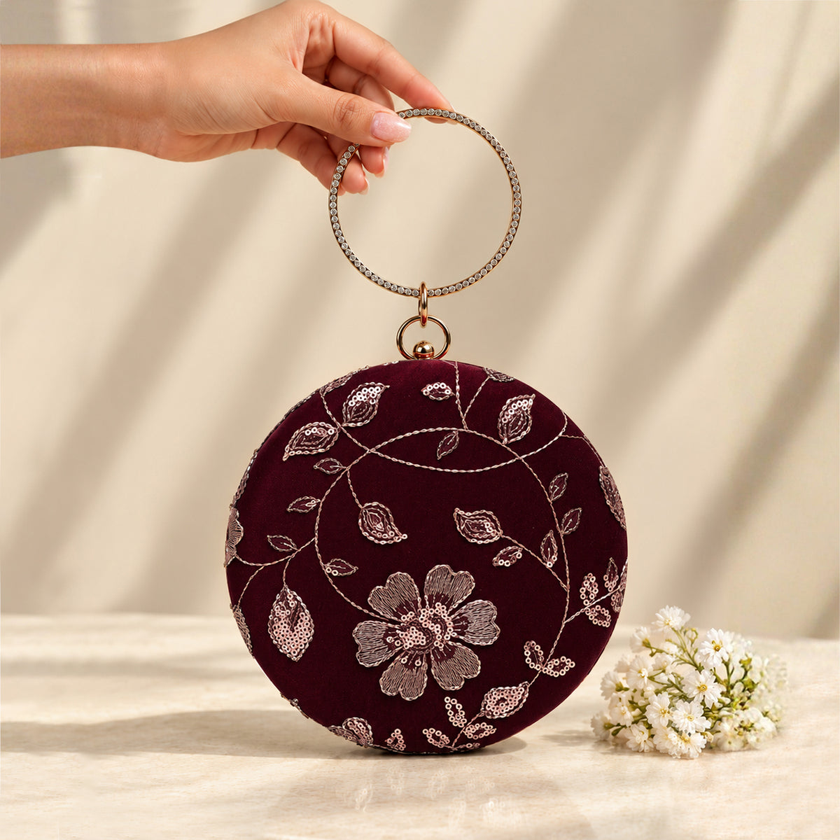 Artklim Elegant Maroon Floral Embroidered Round Clutch Bag with Crystal Ring Handle