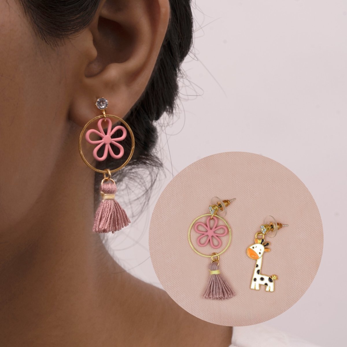 Artklim Cute Giraffe And Floral Charm Mismatched Drop Earrings