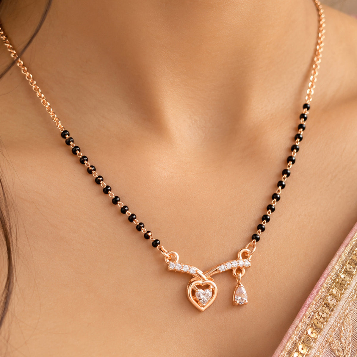 Artklim Elegant Rose Gold-Plated Heart Pendant Mangalsutra with Black Beads for Women