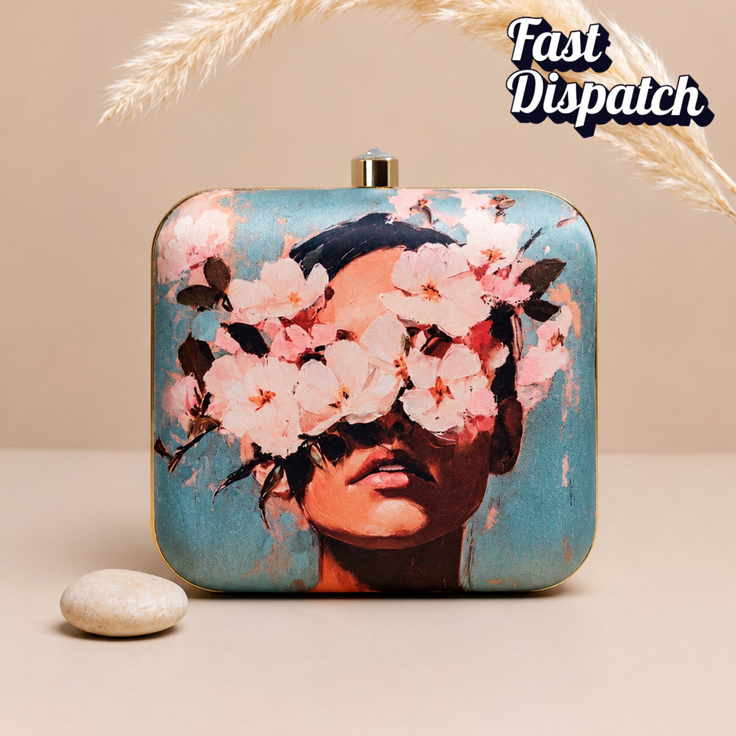 Artklim Marine Green Based Floral Girl Portrait Printed Clutch