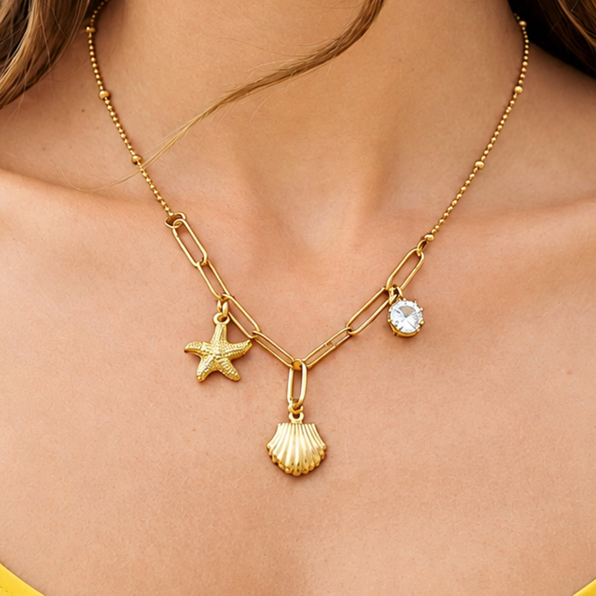 Artklim Golden Seashell Starfish Charm Layered Anti-Tarnish Pendant Necklace