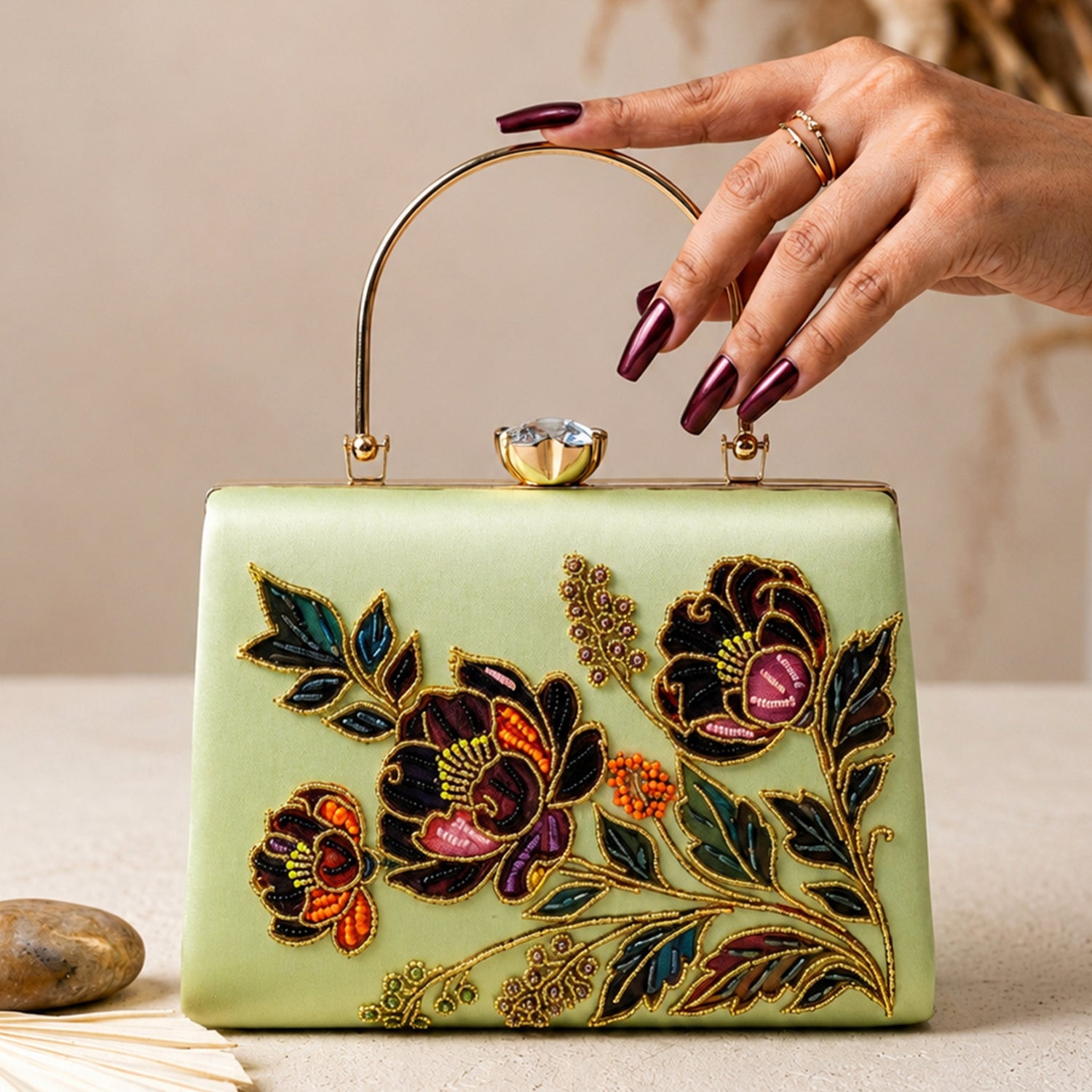 Artklim Green Floral Embroidered Designer Clutch