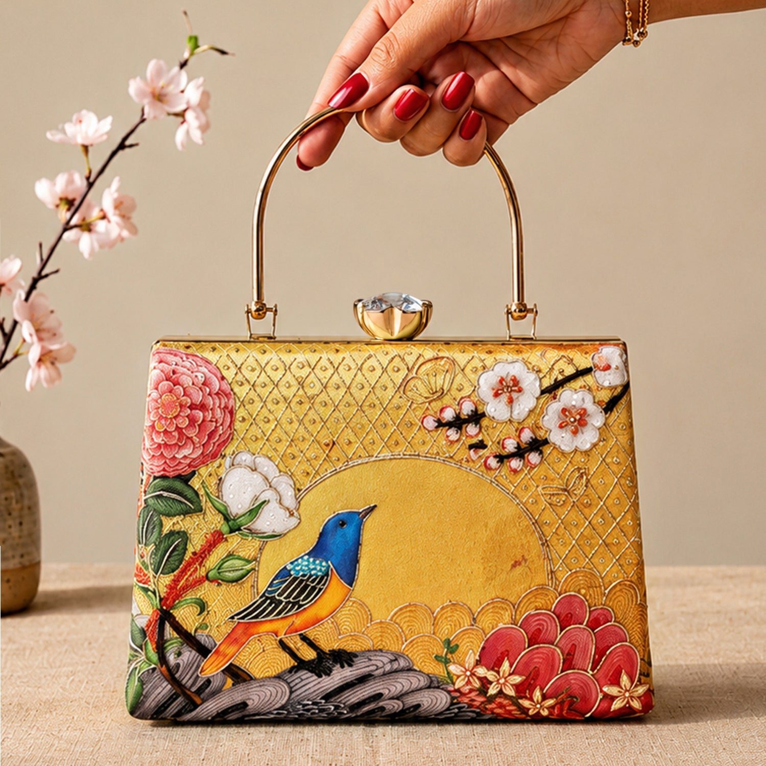 Artklim Printed Golden Songbird Garden Clutch with Hand Embroidery