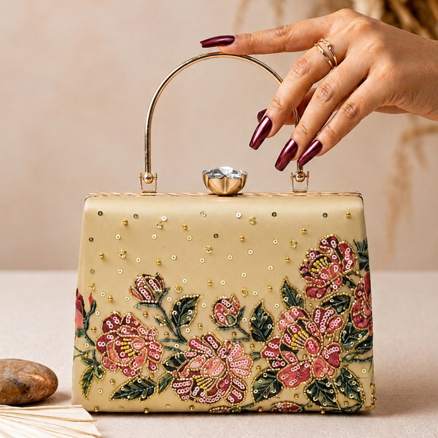Artklim Gold Floral Embellished Luxury Clutch Bag