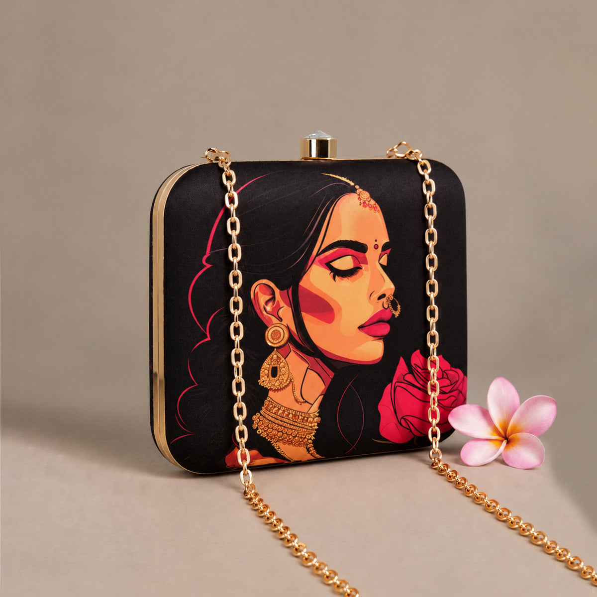 Artklim Elegant Indian Woman Portrait Rose Printed Clutch