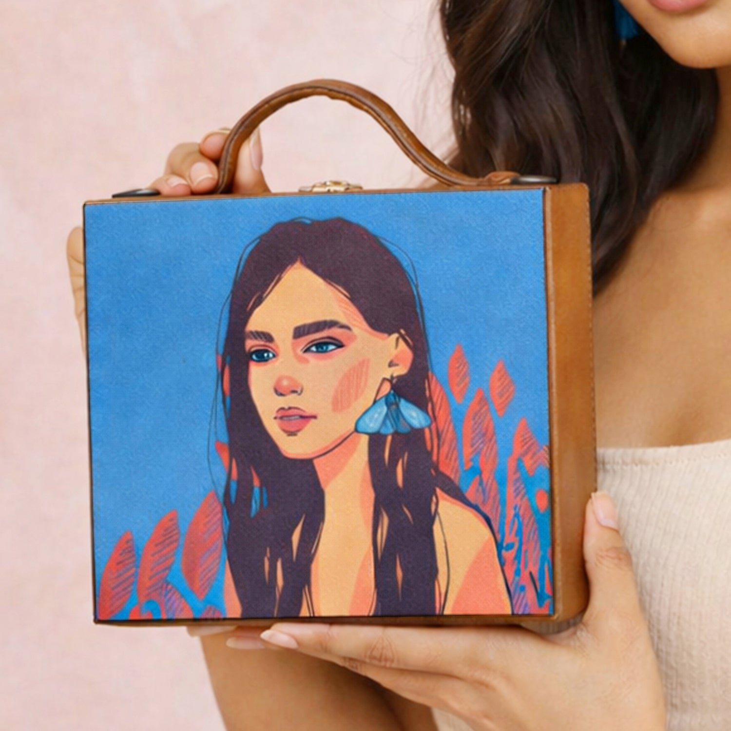 Brown Hair Lady Printed Suitcase Style