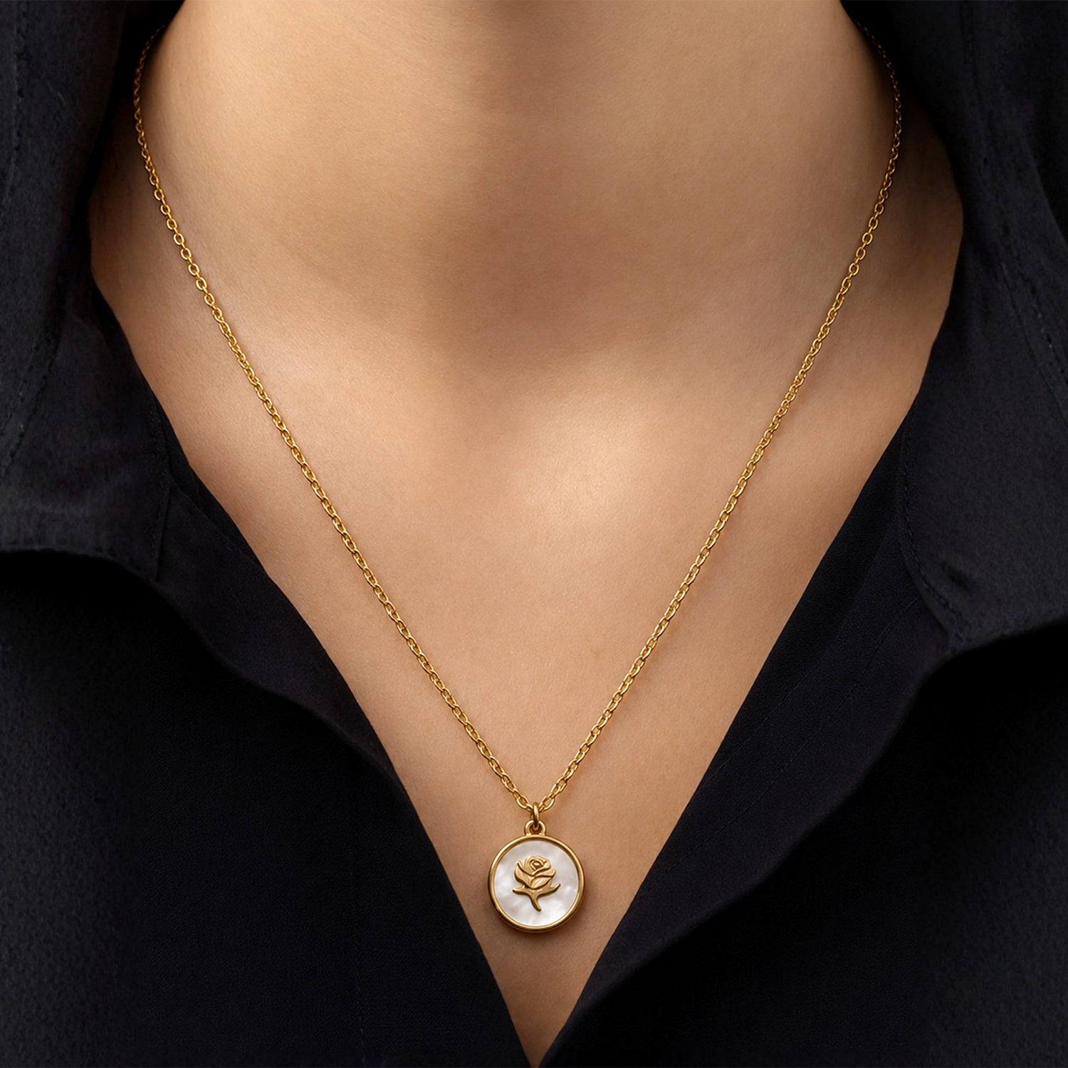Artklim Mother of Pearl Rose Medallion Anti-Tarnish Pendant Necklace