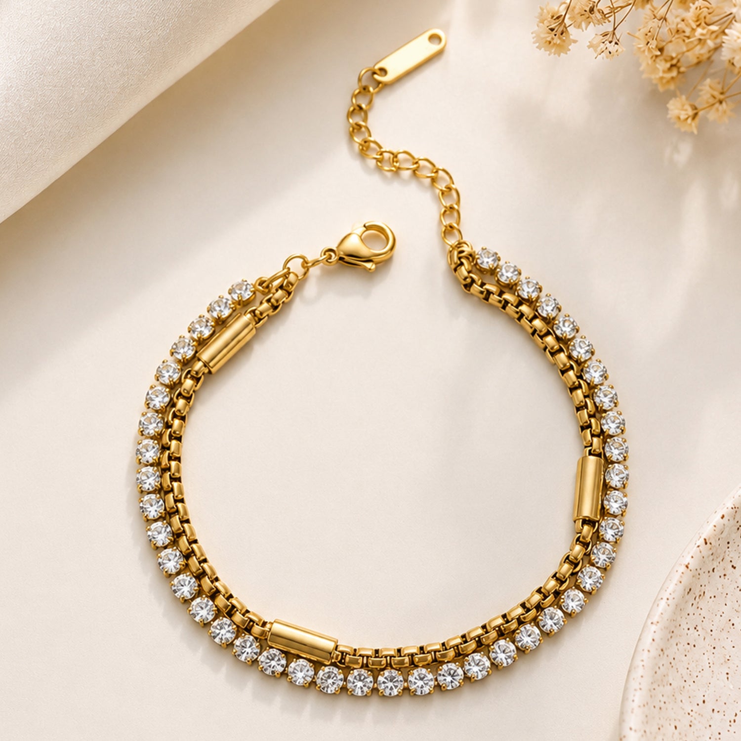 Artklim Luxury Double Row Crystal Tennis Gold-Tone Anti-Tarnish Bracelet