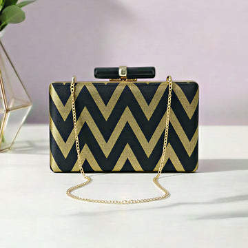 Artklim Elegant Black Gold Zigzag Embroidered Clutch