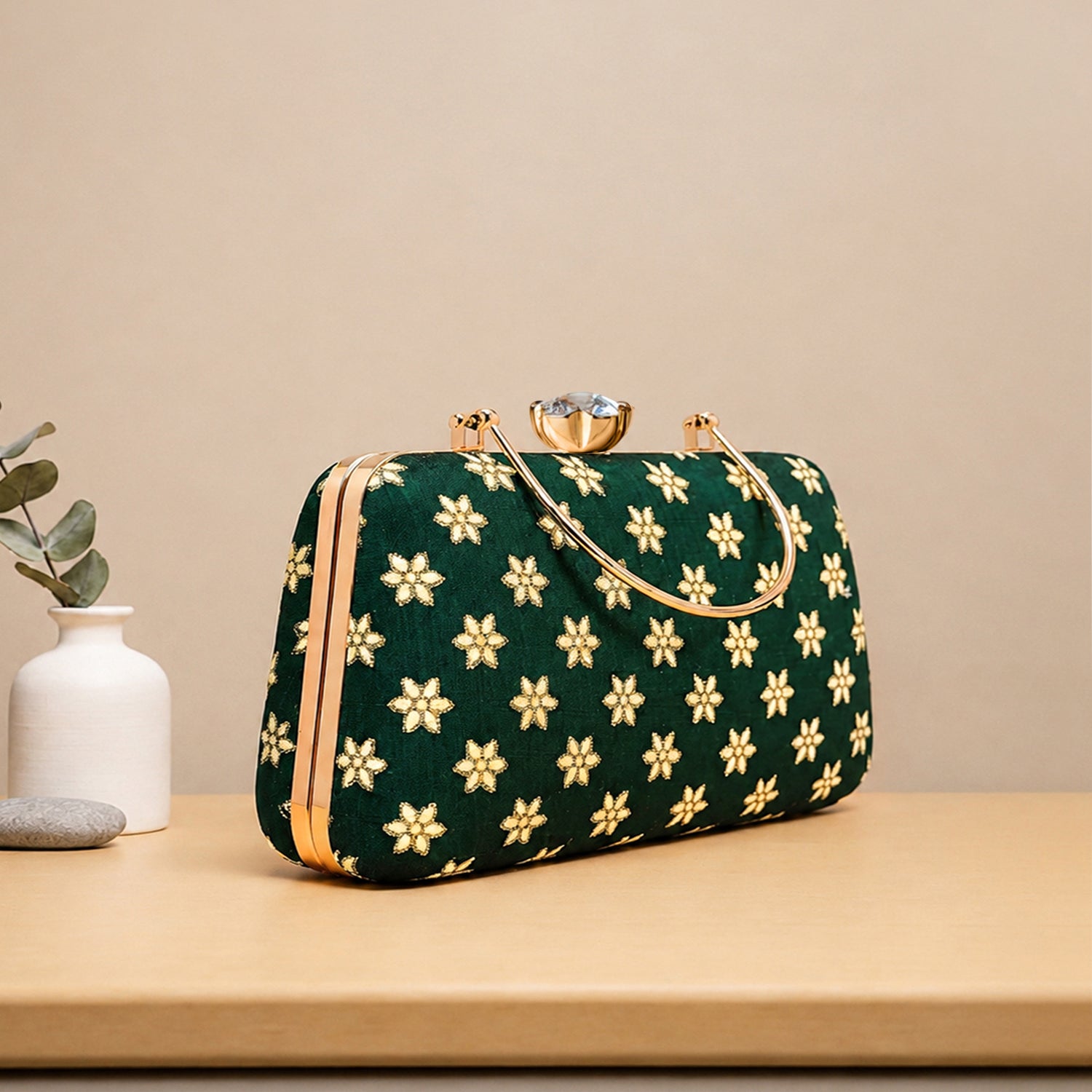 Artklim Emerald Green Floral Embroidered Clutch Bag
