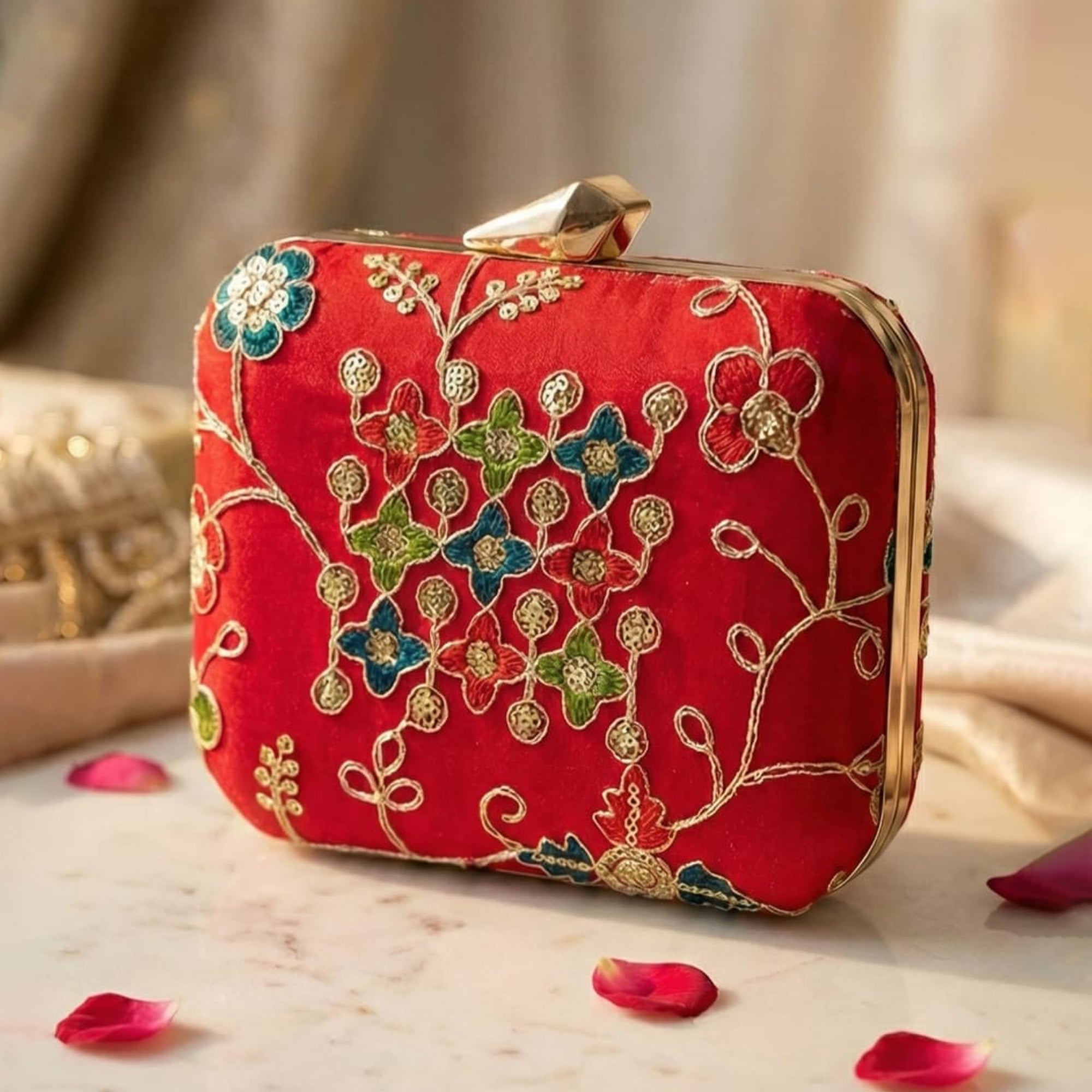 Artklim Luxury Red Gold Thread Embroidered Clutch