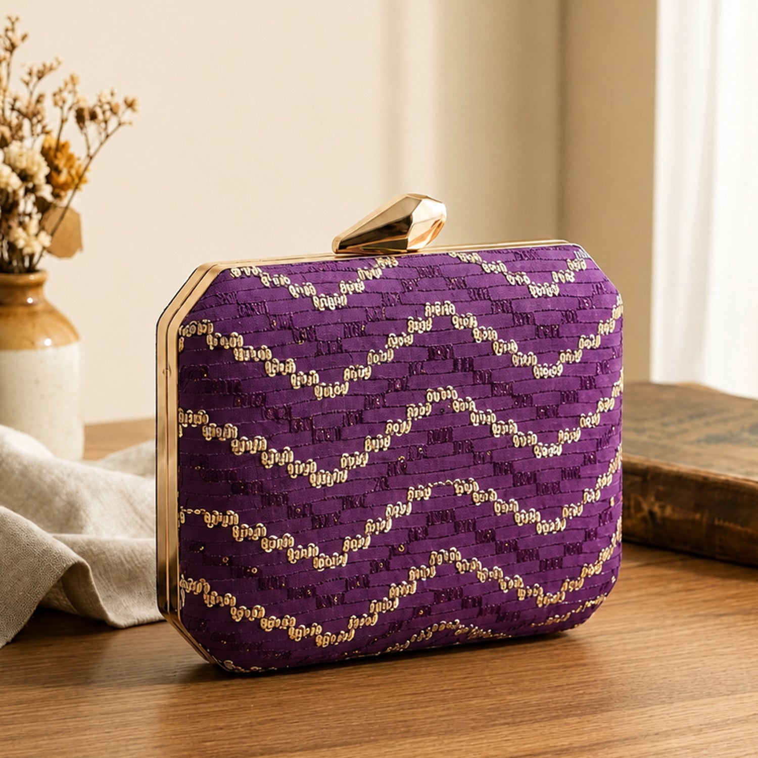 Artklim Purple Sequin Wave Pattern Embroidery Clutch