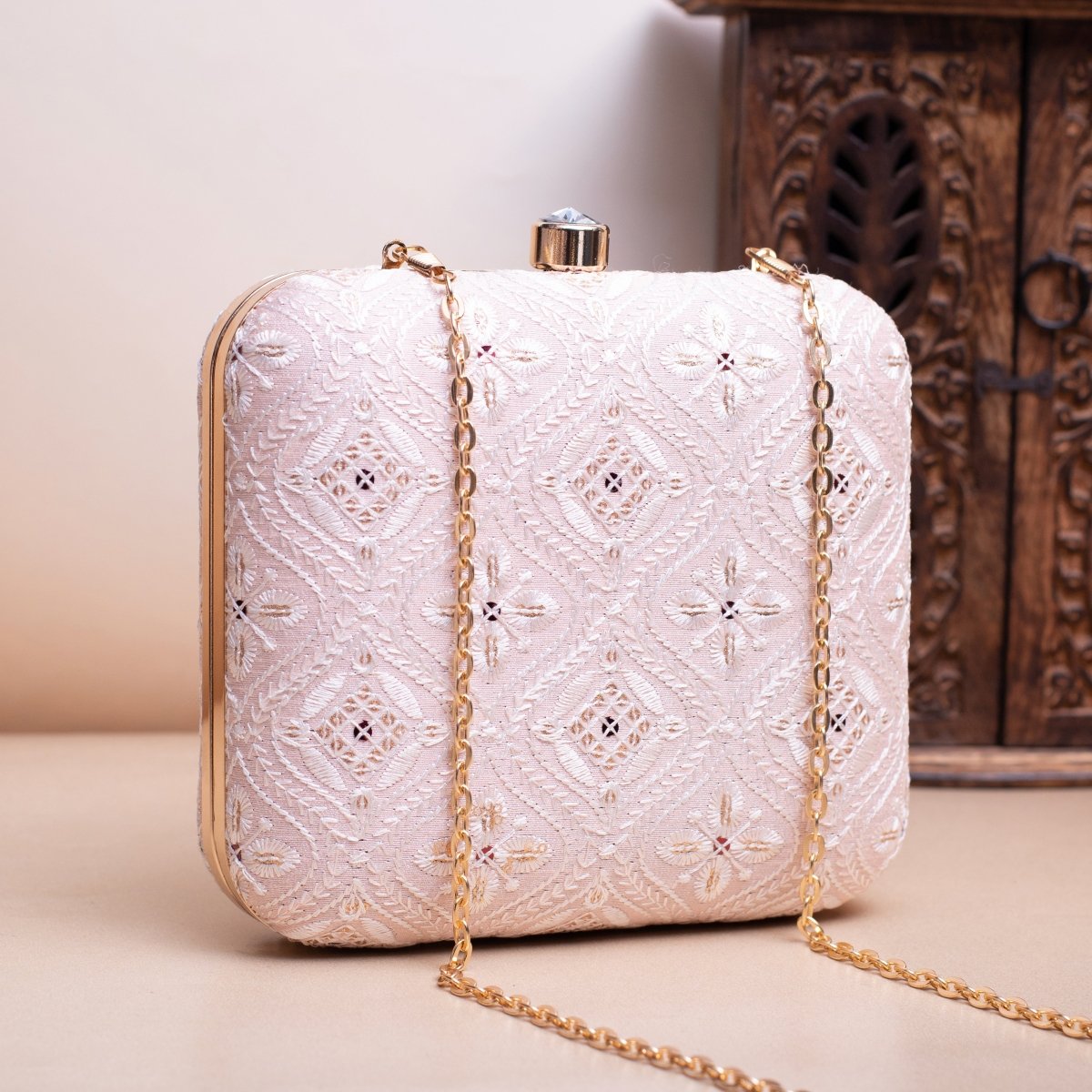Artklim Pastel Pink Based White Threadwork Embroidery Clutch