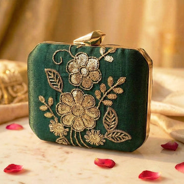 Artklim Luxury Green Gold Thread Floral Clutch