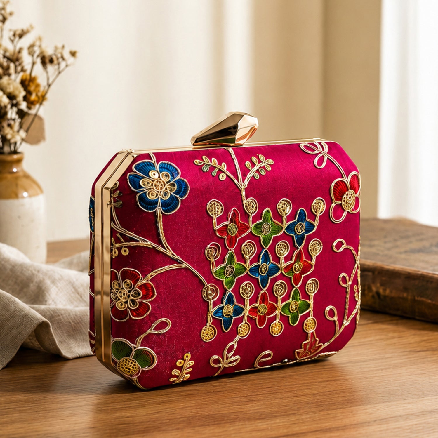 Artklim Red Floral Embroidery Clutch