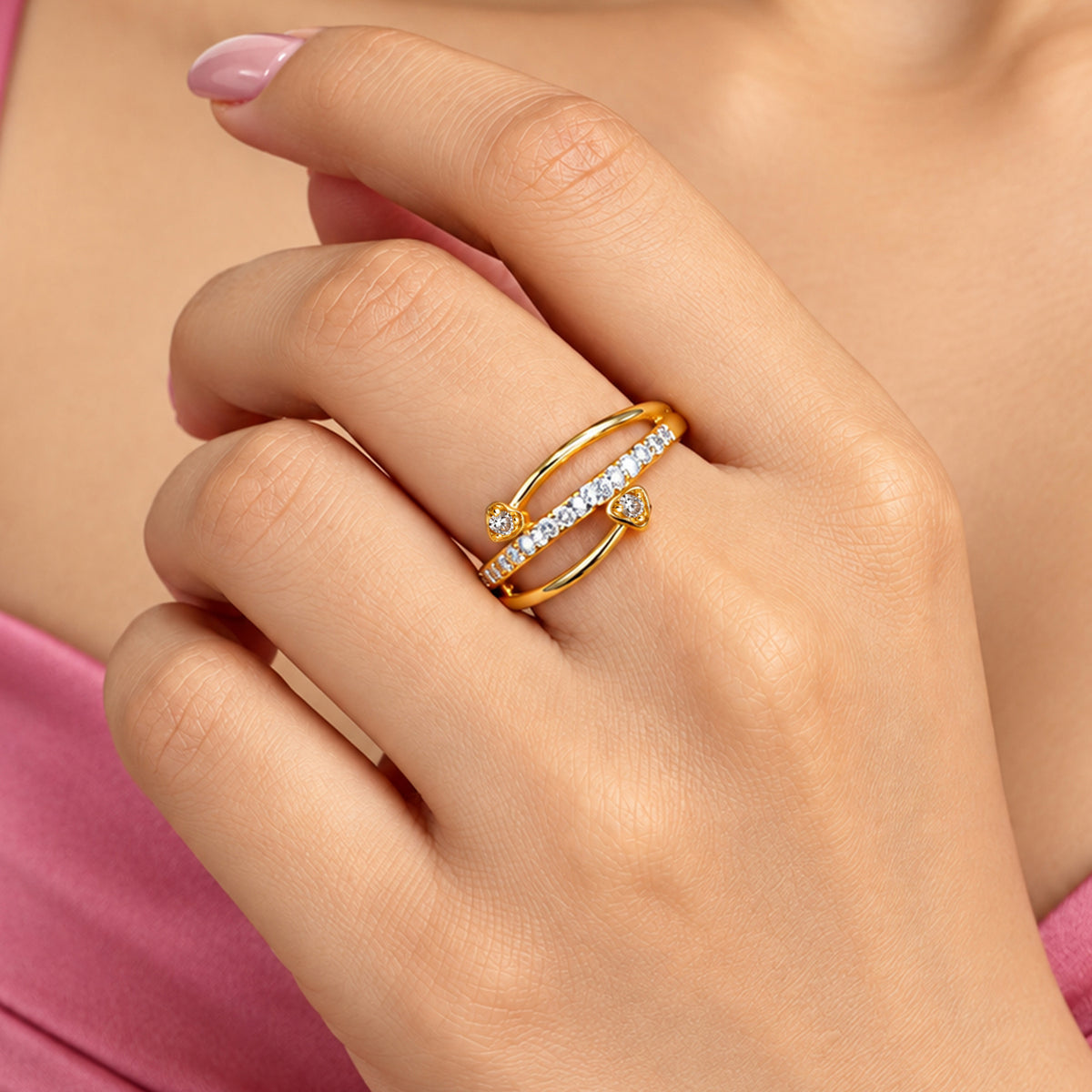 Artklim Elegant Heart-Accent Crystal Gold-Tone Anti-Tarnish Ring