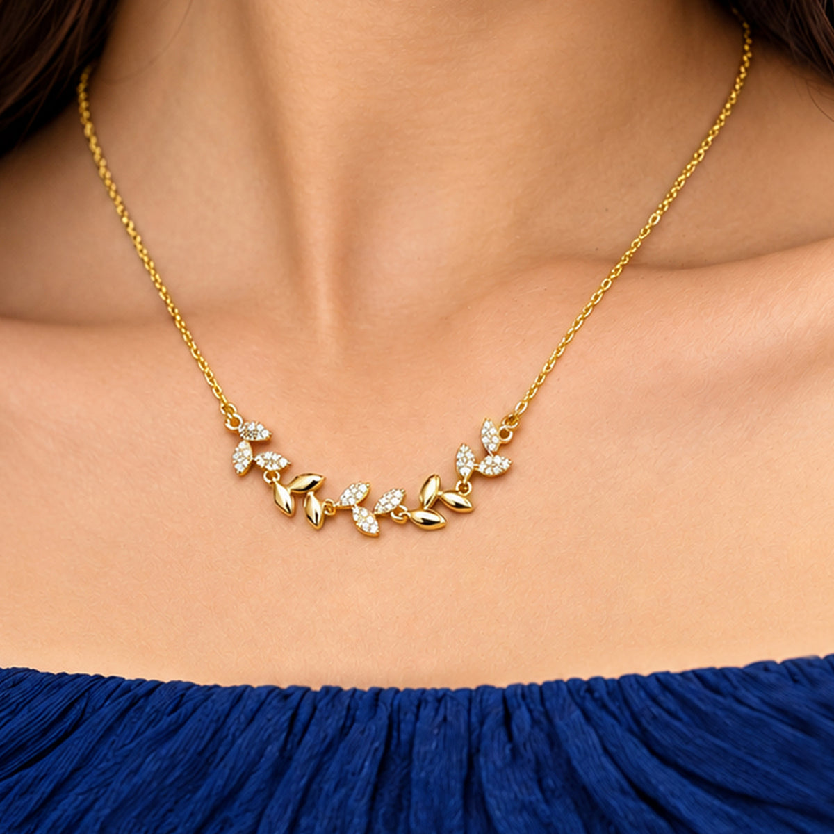 Elegant Leaf Blossom Crystal Gold-Tone Anti-Tarnish Pendant Necklace