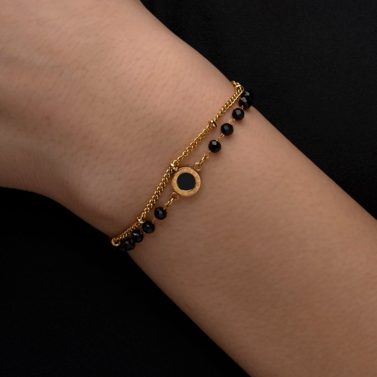 Artklim Gold Plated Black Beads With Roman Numeral Pendant Bracelet