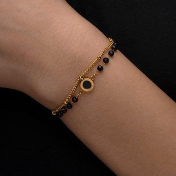 Artklim Gold Plated Black Beads With Roman Numeral Pendant Bracelet