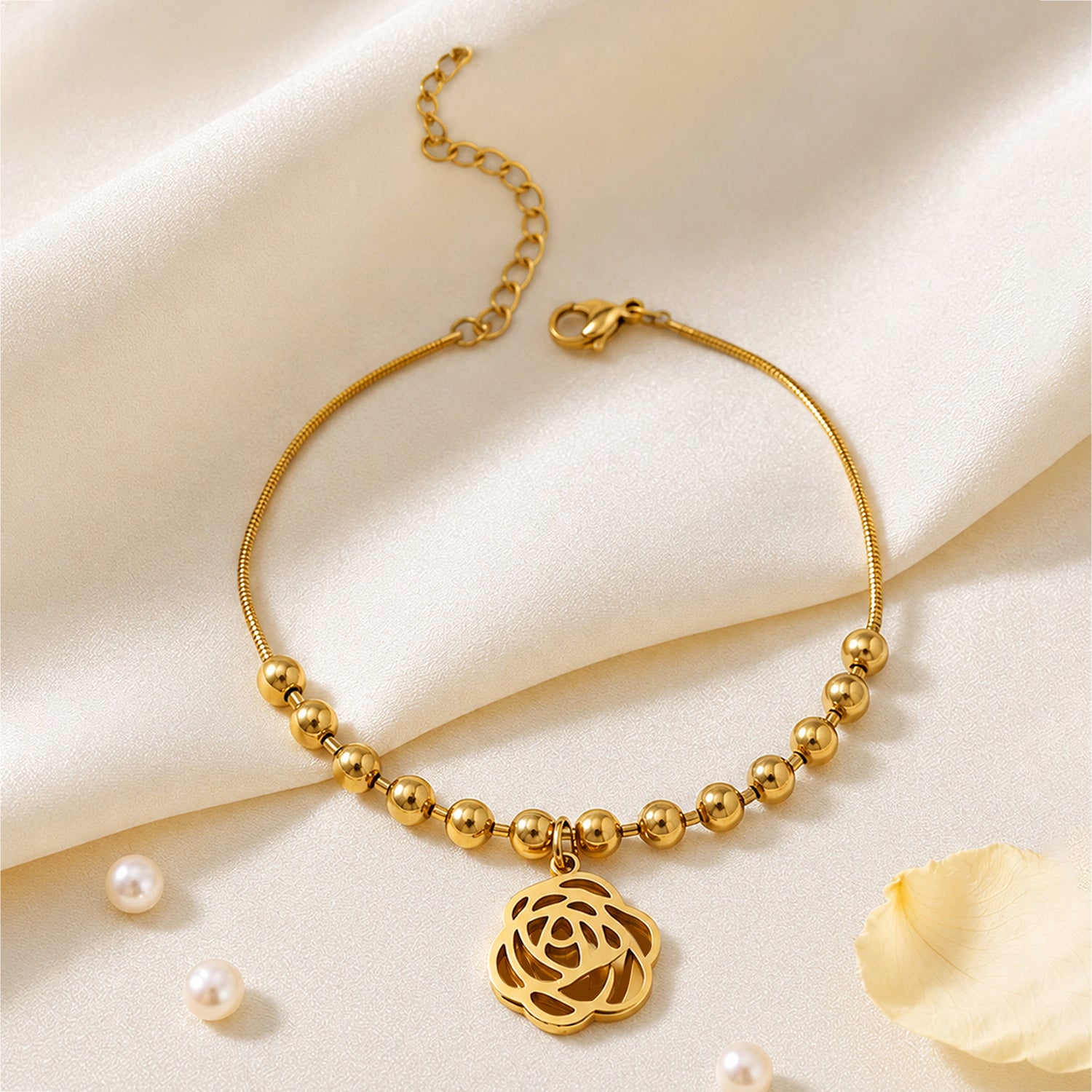 Artklim Gold Rose Charm Adjustable Bracelet Anti-Tarnish Bracelet