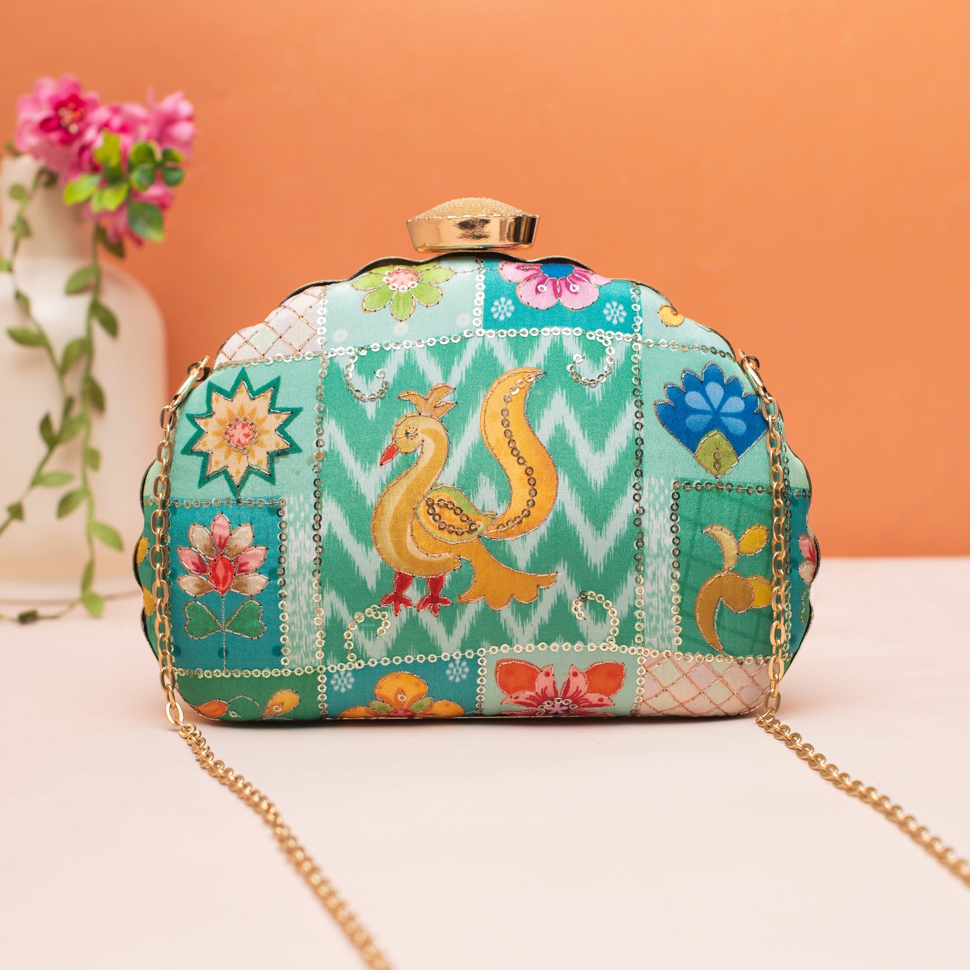 Artklim Peacock Sequins Embroidery D-Shape Clutch