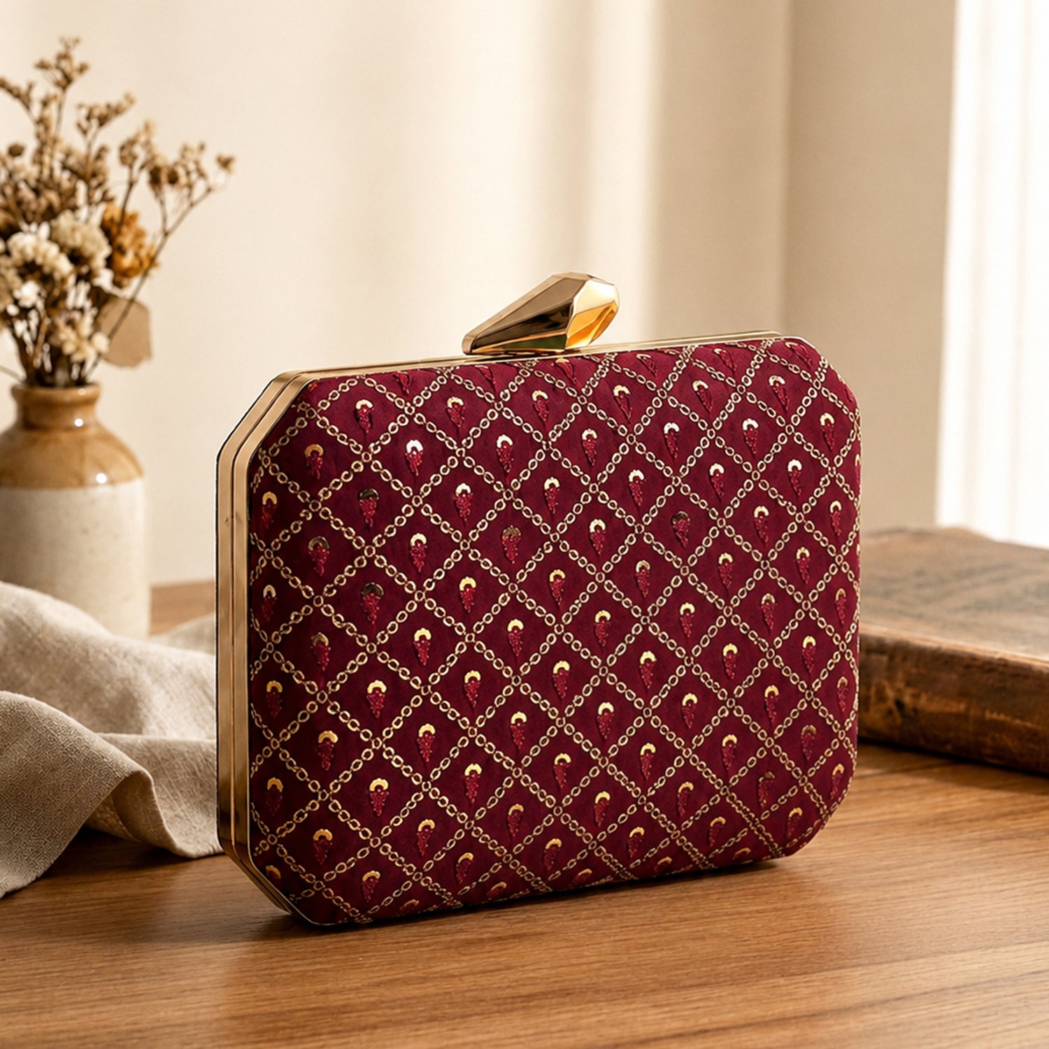 Artklim Maroon Embroidery Clutch