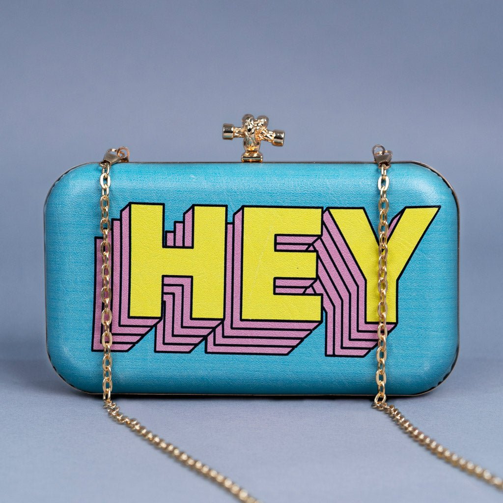 Artklim Blue Based Hey Printed Leatherette Clutch