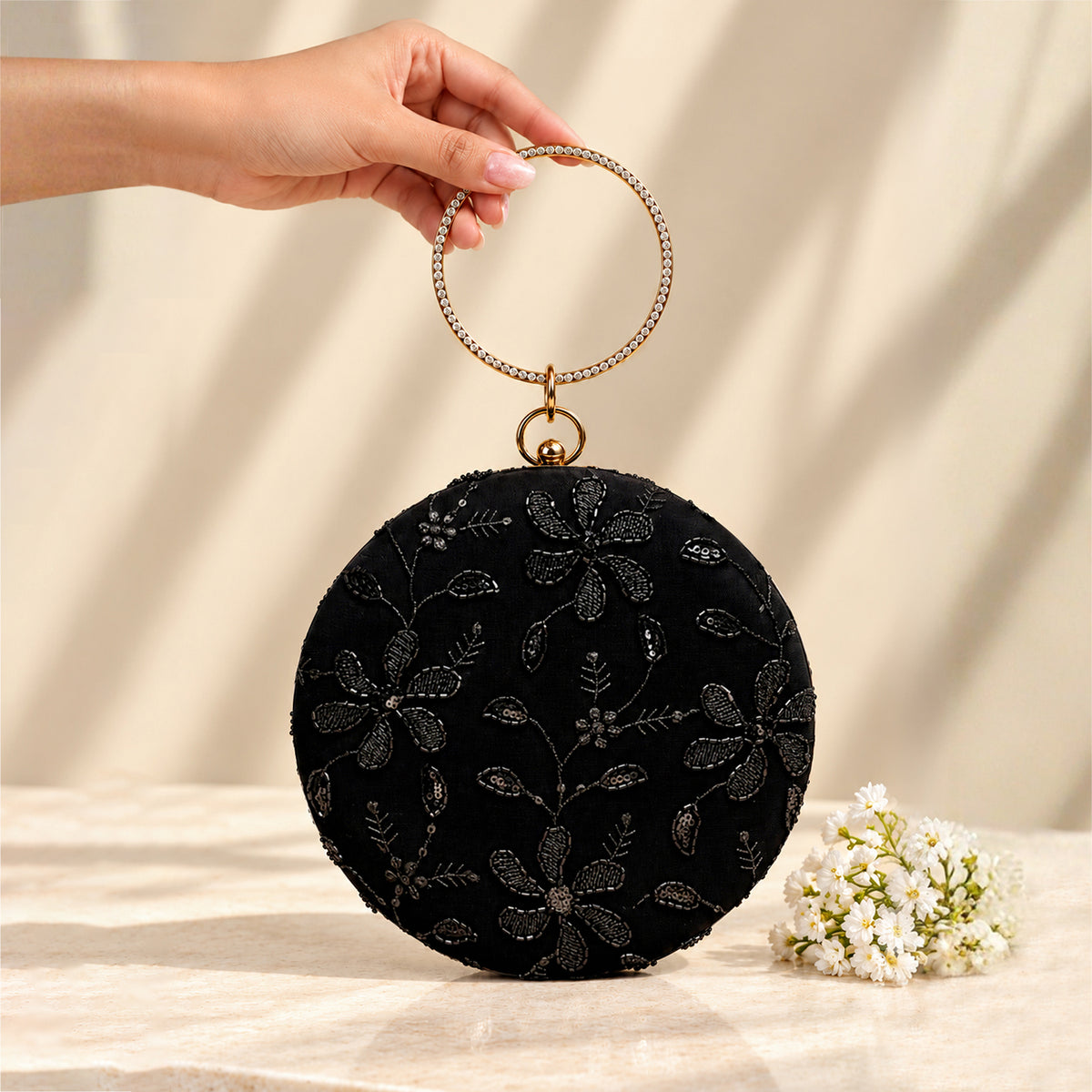 Artklim Premium Black Floral Embroidered Round Clutch Bag with Golden Crystal Ring Handle