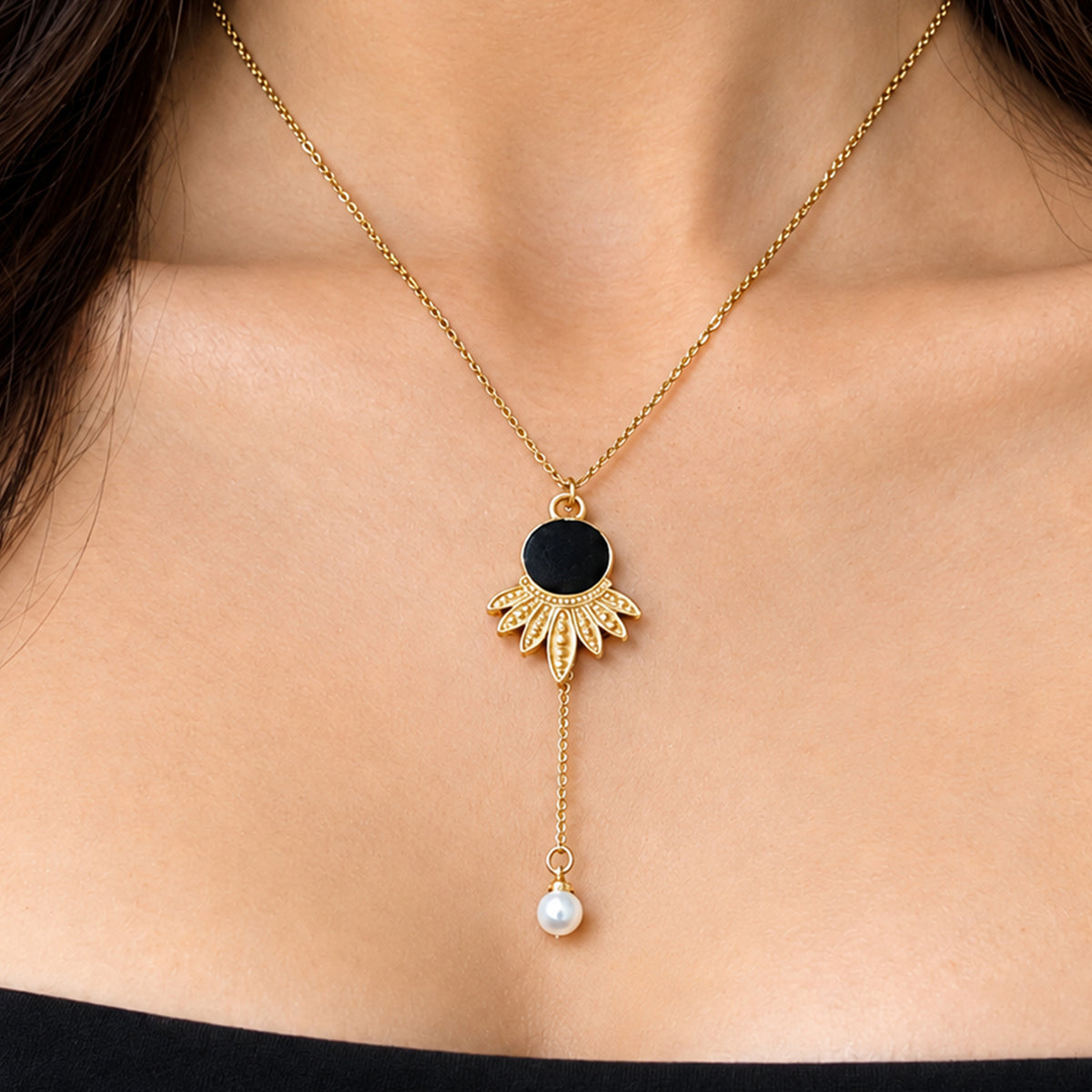 Artklim Black Stone Floral Drop Anti-Tarnish Pendant Necklace