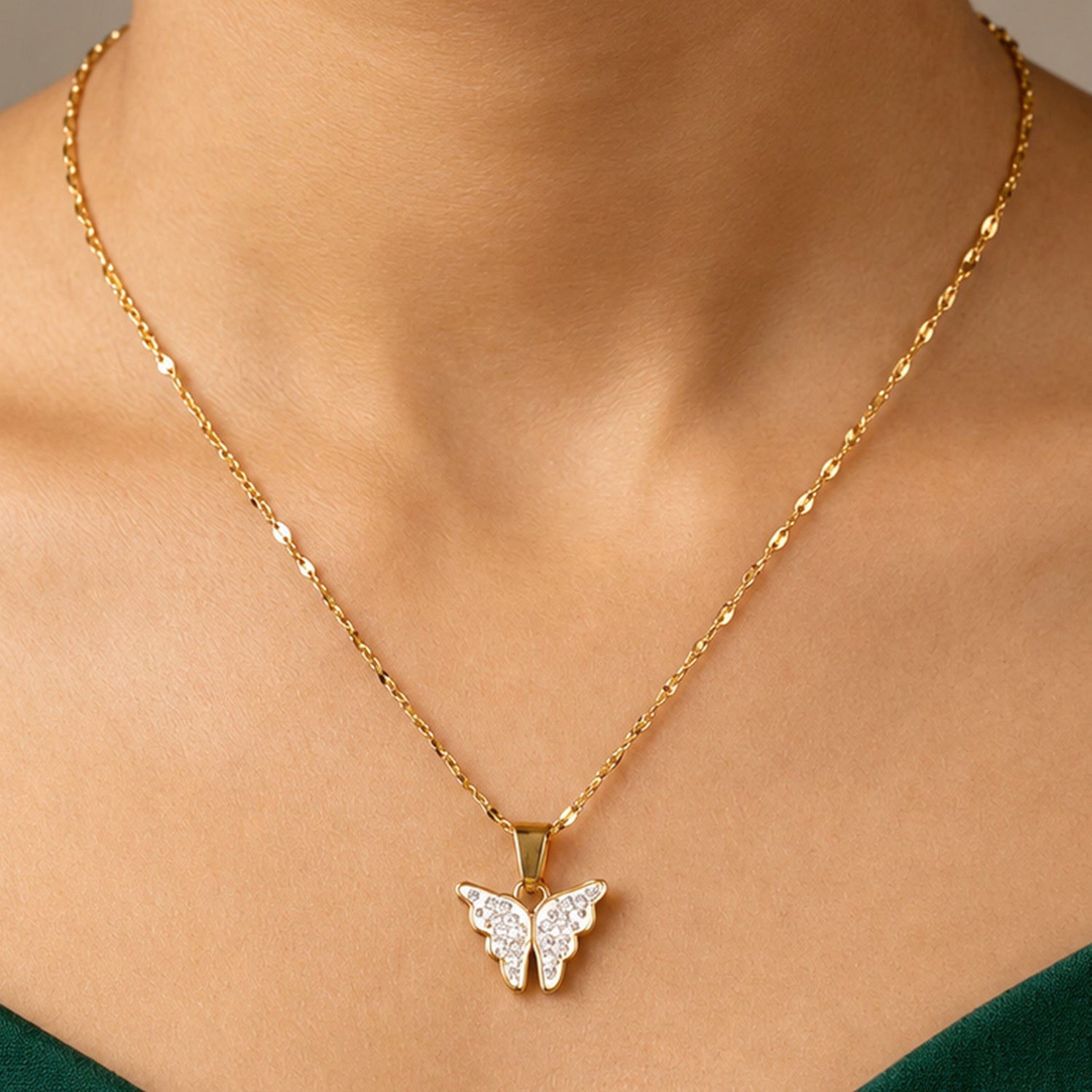 Artklim Butterfly Crystal Gold Anti-Tarnish Pendant Necklace