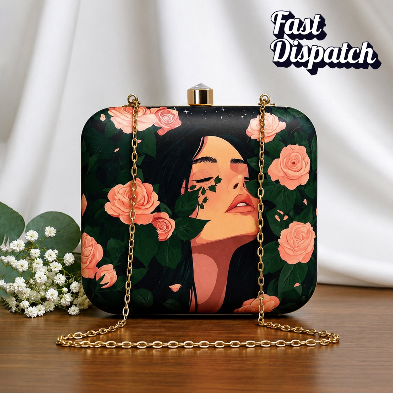 Artklim Rose And Girl Portrait Printed Clutch