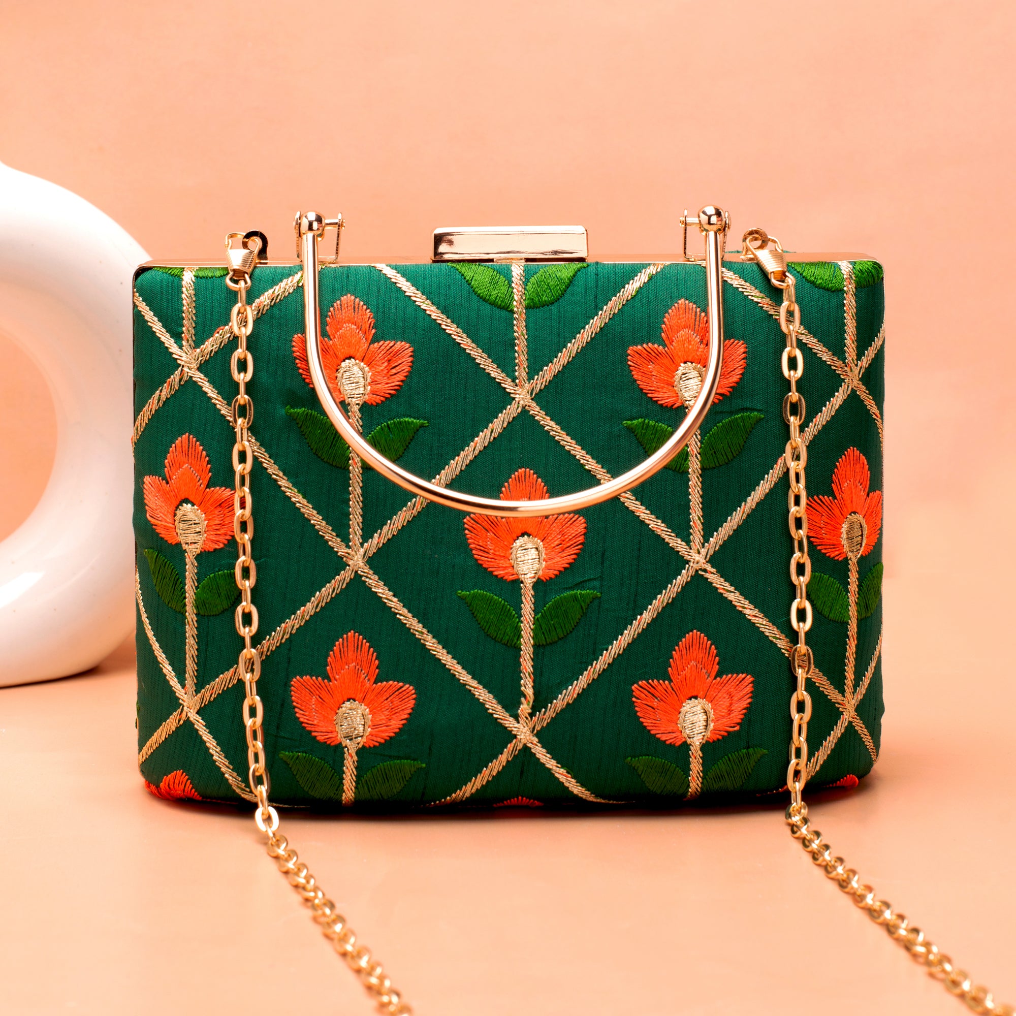 Artklim Green Based Orange Floral Threadwork Embroidery Clutch