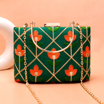 Artklim Green Based Orange Floral Threadwork Embroidery Clutch