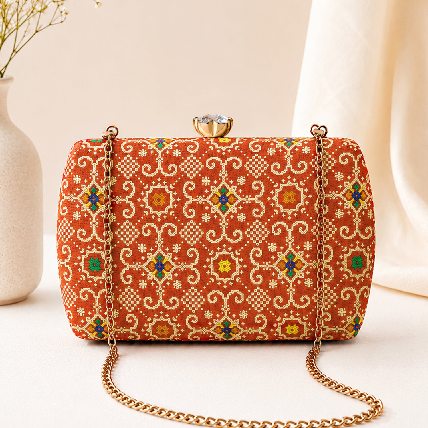 Artklim Rust Orange Ethnic Geometric Pattern Chain Strap Printed Clutch