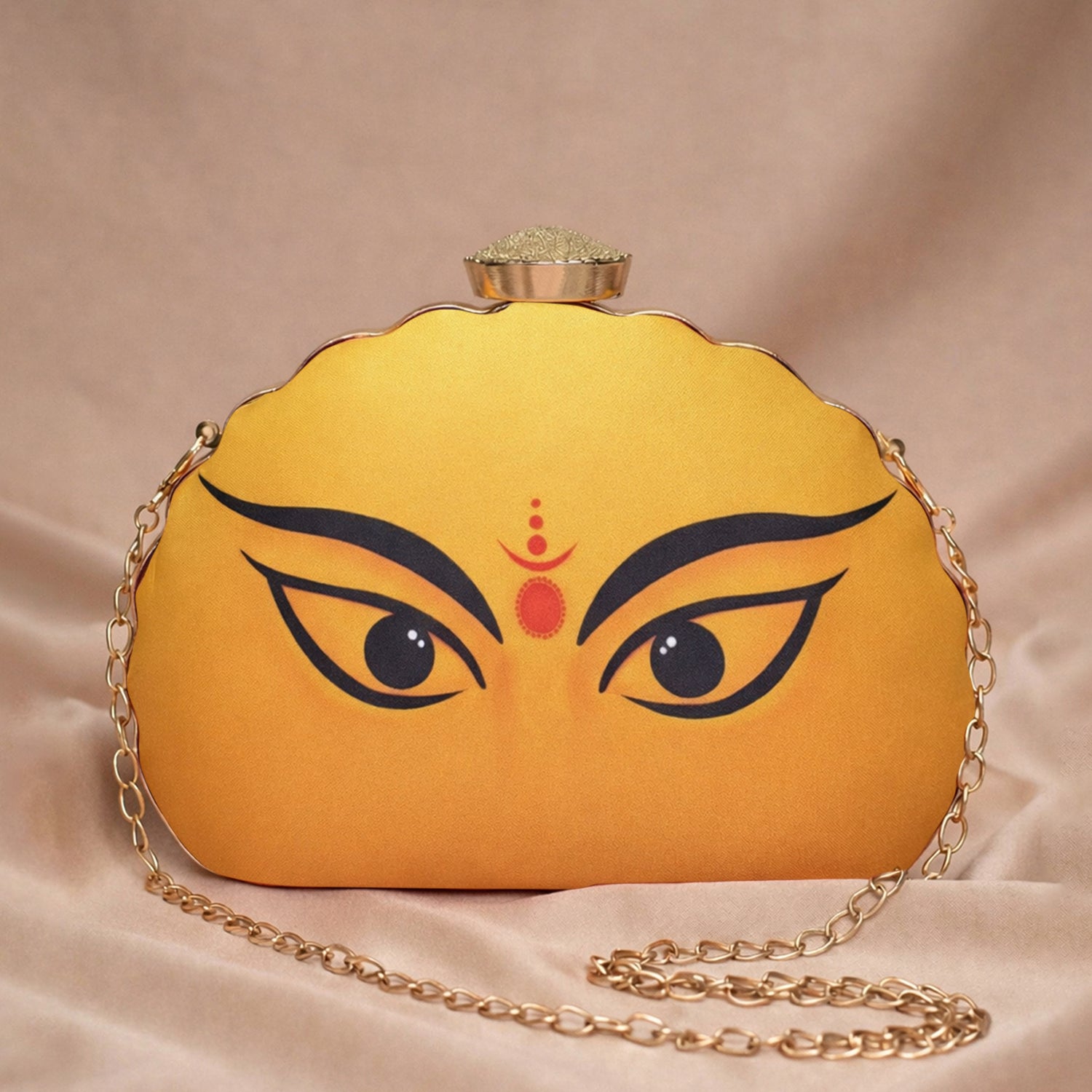 Artklim Durga Eyes Yellow Printed D-Shape Clutch