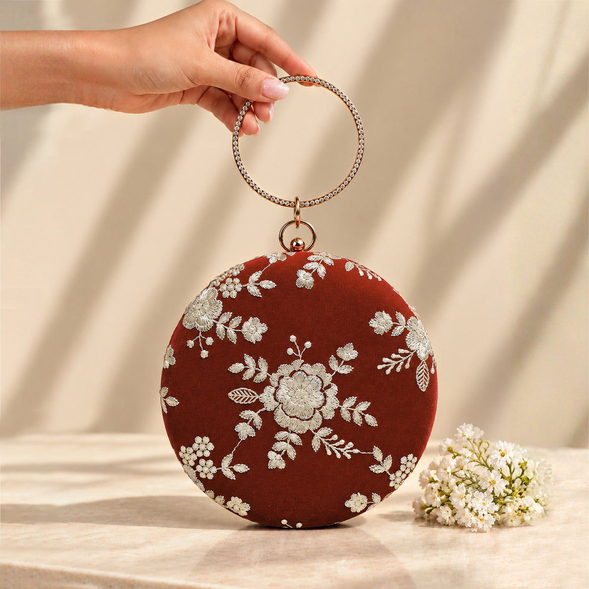 Artklim Luxury Rust Brown Floral Embroidered Round Clutch Bag with Golden Crystal Ring Handle