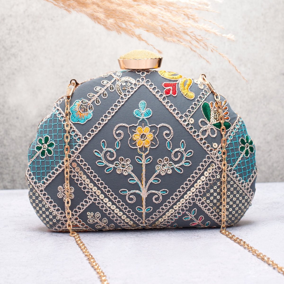Artklim Grey Base Multicolored Threadwork Embroidery Clutch