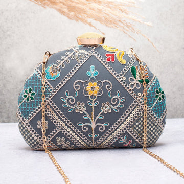 Artklim Grey Base Multicolored Threadwork Embroidery Clutch