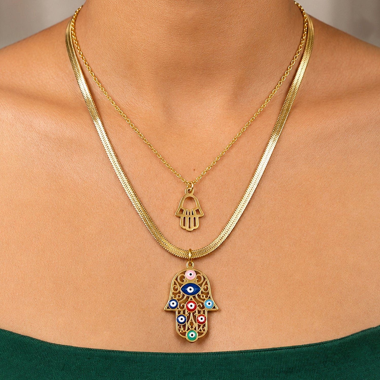 Artklim Hamsa Hand & Evil Eye Layered Anti-Tarnish Pendant Necklace