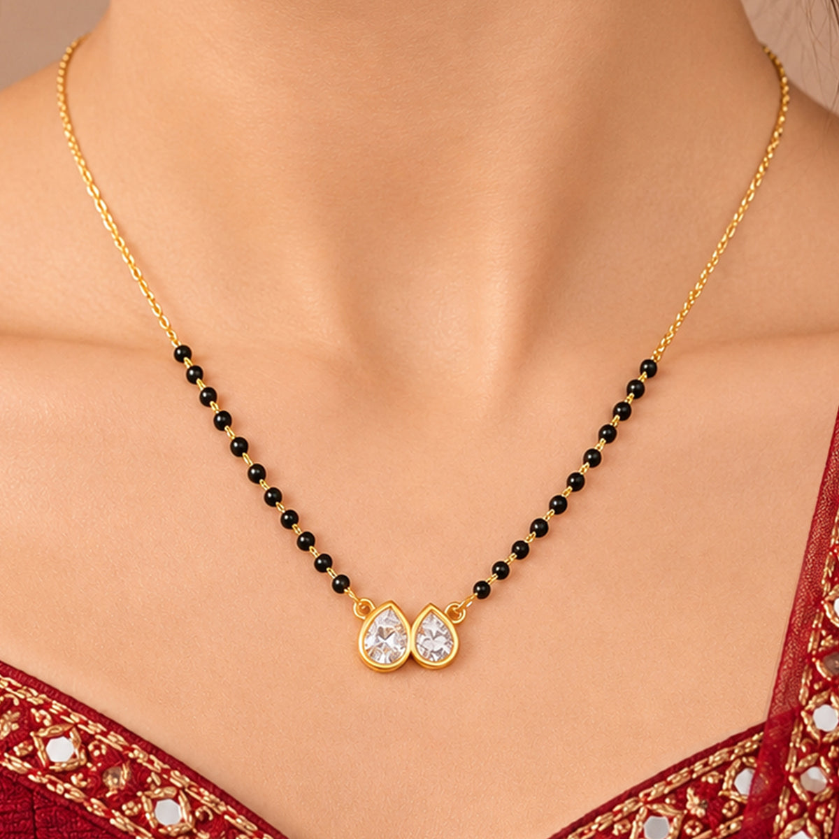 Artklim Elegant Dual Teardrop Crystal Gold-Plated Black Beads Mangalsutra