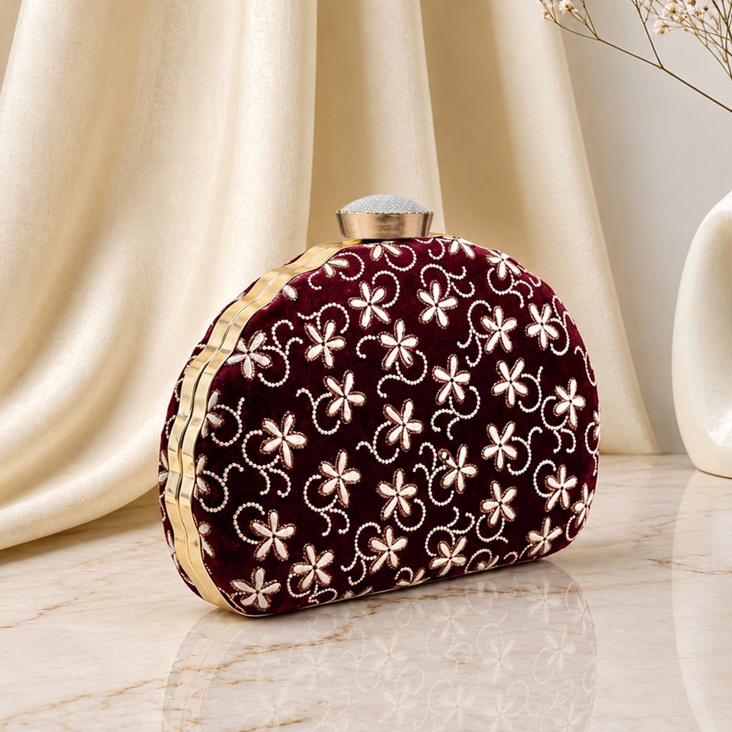 Artklim Velvet Floral Embroidered Designer Clutch